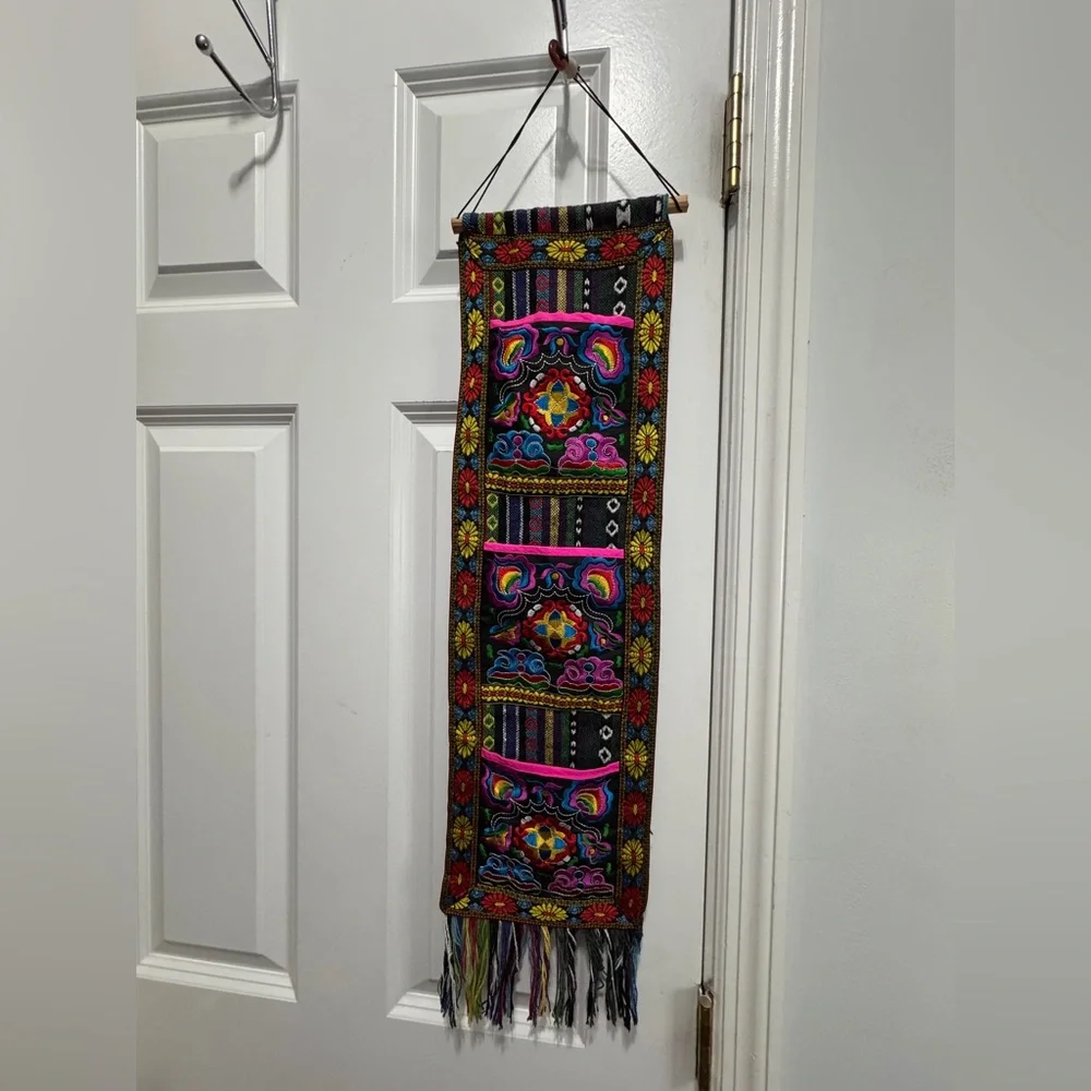 Source Unknown Multicolor Bohemian embroidered textile wall hanging 3 pockets